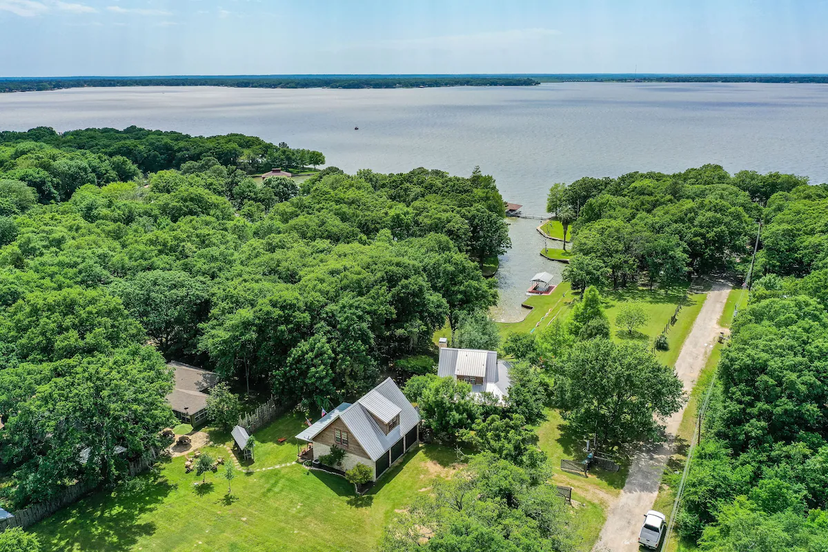 Aerial view of the lakeside cabin on Cedar Creek Reservoir