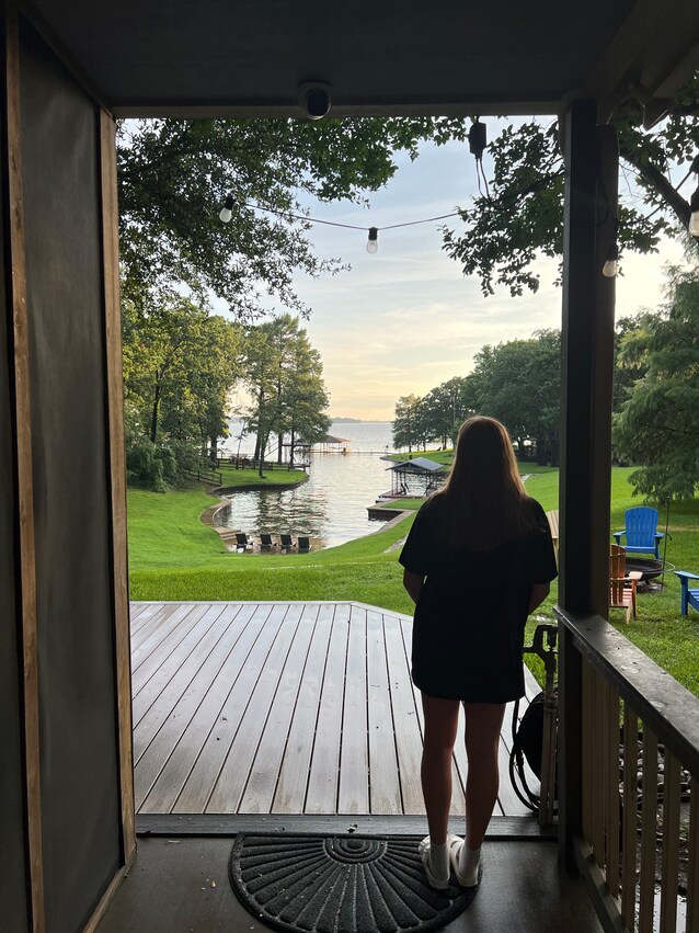 Porch view of the lake at golden hour